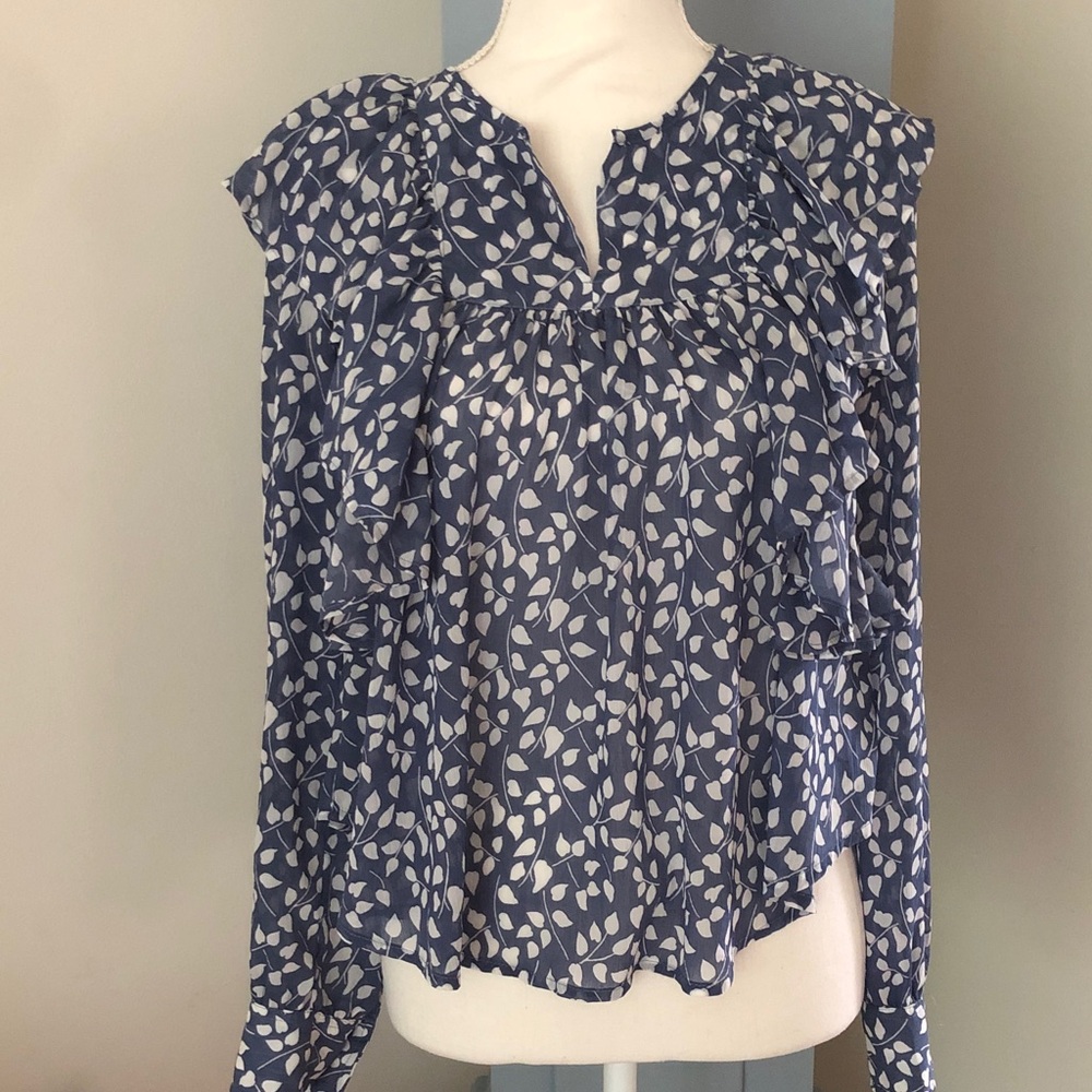 Blue White Leaf-Print Ruffle Long-Sleeve Blouse
